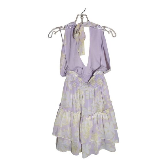 WAYF Dress Mabel Lavender Tropical Halter Coquette Ruffle Smocked Party Lined S - Picture 14 of 15